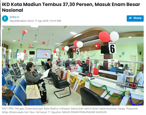 IKD Kota Madiun Tembus 37,30 Persen, Masuk Enam Besar Nasional