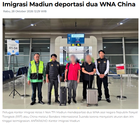 Imigrasi Madiun deportasi dua WNA China
