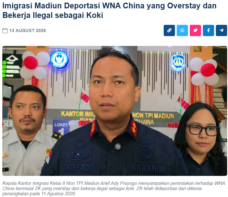 Imigrasi Madiun Deportasi WNA China yang Overstay dan Bekerja Ilegal sebagai Koki