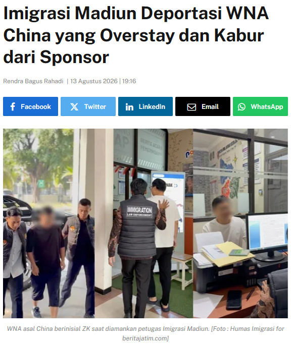 Imigrasi Madiun Deportasi WNA China yang Overstay dan Kabur dari Sponsor