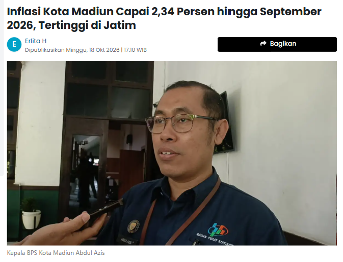 Inflasi Kota Madiun Capai 2,34 Persen hingga September 2026, Tertinggi di Jatim