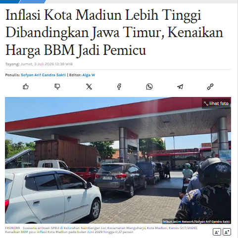 Inflasi Kota Madiun Lebih Tinggi Dibandingkan Jawa Timur, Kenaikan Harga BBM Jadi Pemicu