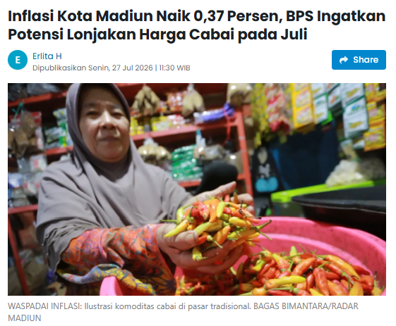 Inflasi Kota Madiun Naik 0,37 Persen, BPS Ingatkan Potensi Lonjakan Harga Cabai pada Juli