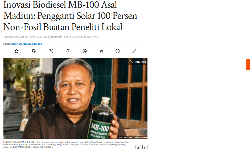 Inovasi Biodiesel MB-100 Asal Madiun: Pengganti Solar 100 Persen Non-Fosil Buatan Peneliti Lokal