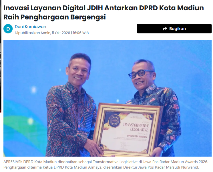 Inovasi Layanan Digital JDIH Antarkan DPRD Kota Madiun Raih Penghargaan Bergengsi