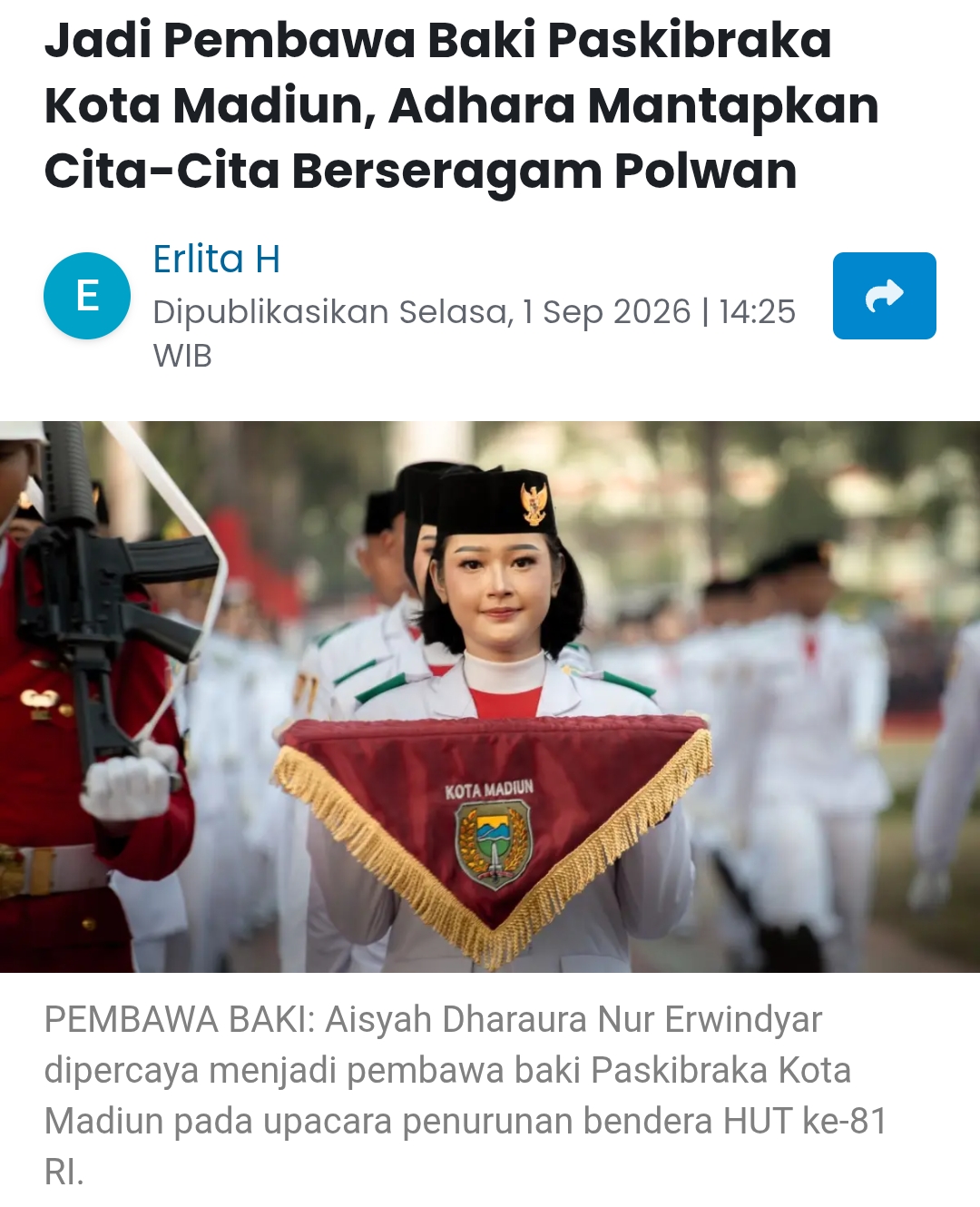 Jadi Pembawa Baki Paskibraka Kota Madiun, Adhara Mantapkan Cita-Cita Berseragam Polwan