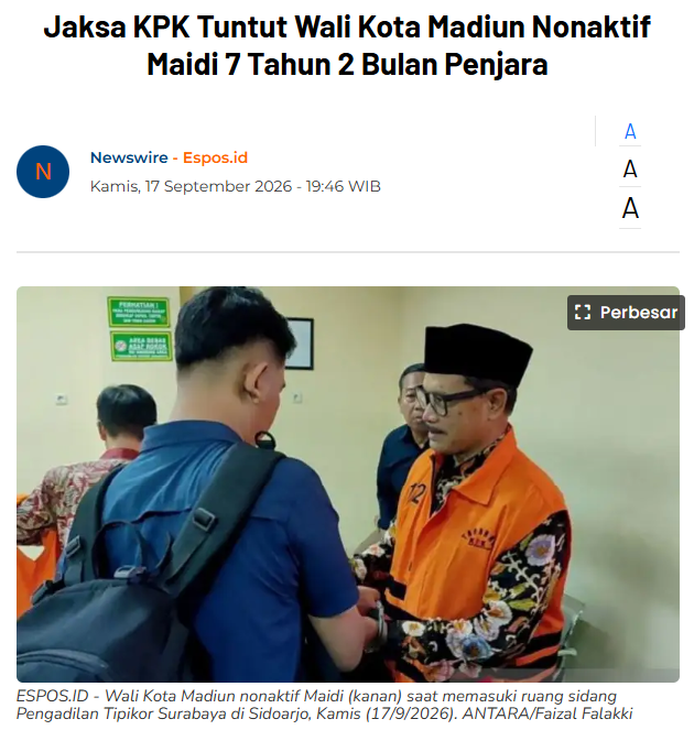 Jaksa KPK Tuntut Wali Kota Madiun Nonaktif Maidi 7 Tahun 2 Bulan Penjara