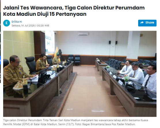 Jalani Tes Wawancara, Tiga Calon Direktur Perumdam Kota Madiun Diuji 15 Pertanyaan