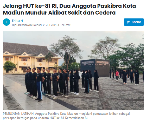 Jelang HUT ke-81 RI, Dua Anggota Paskibra Kota Madiun Mundur Akibat Sakit dan Cedera