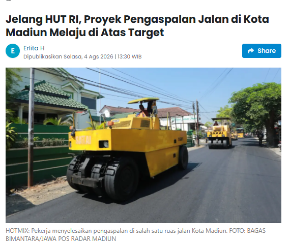 Jelang HUT RI, Proyek Pengaspalan Jalan di Kota Madiun Melaju di Atas Target