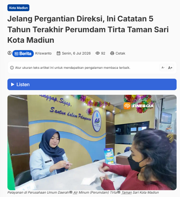 Jelang Pergantian Direksi, Ini Catatan 5 Tahun Terakhir Perumdam Tirta Taman Sari Kota Madiun
