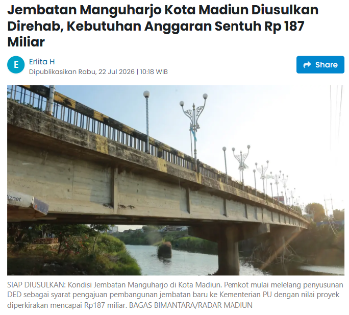 Jembatan Manguharjo Kota Madiun Diusulkan Direhab, Kebutuhan Anggaran Sentuh Rp 187 Miliar