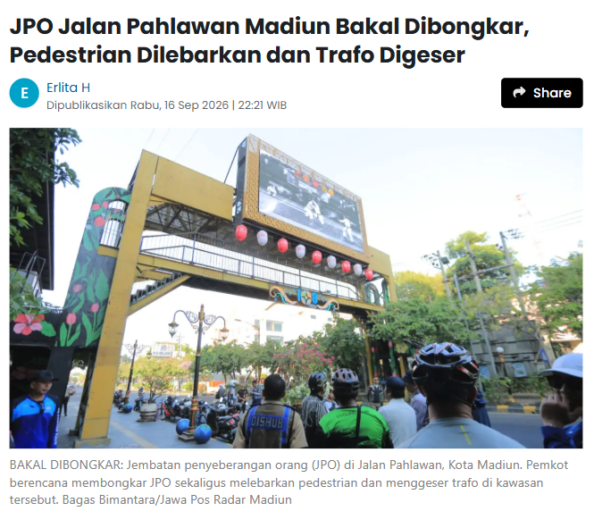 JPO Jalan Pahlawan Madiun Bakal Dibongkar, Pedestrian Dilebarkan dan Trafo Digeser