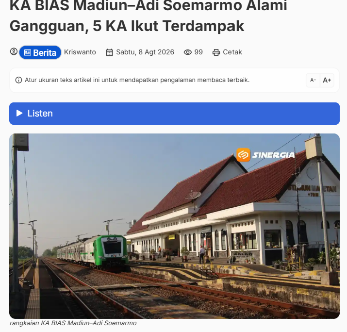 KA BIAS Madiun–Adi Soemarmo Alami Gangguan, 5 KA Ikut Terdampak