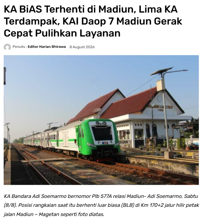 KA BiAS Terhenti di Madiun, Lima KA Terdampak, KAI Daop 7 Madiun Gerak Pulihkan Layanan