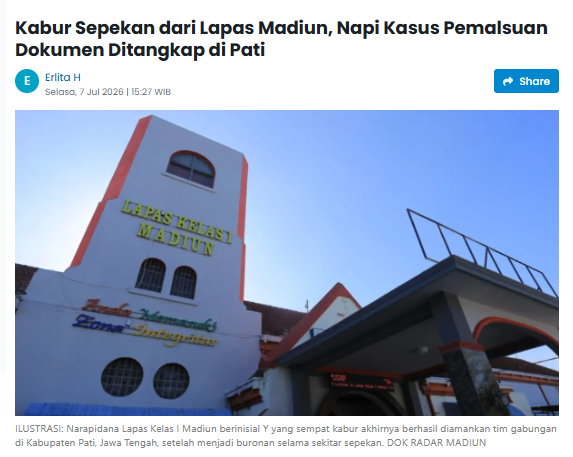 Kabur Sepekan dari Lapas Madiun, Napi Kasus Pemalsuan Dokumen Ditangkap di Pati