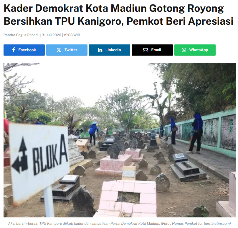 Kader Demokrat Kota Madiun Gotong Royong Bersihkan TPU Kanigoro, Pemkot Beri Apresiasi