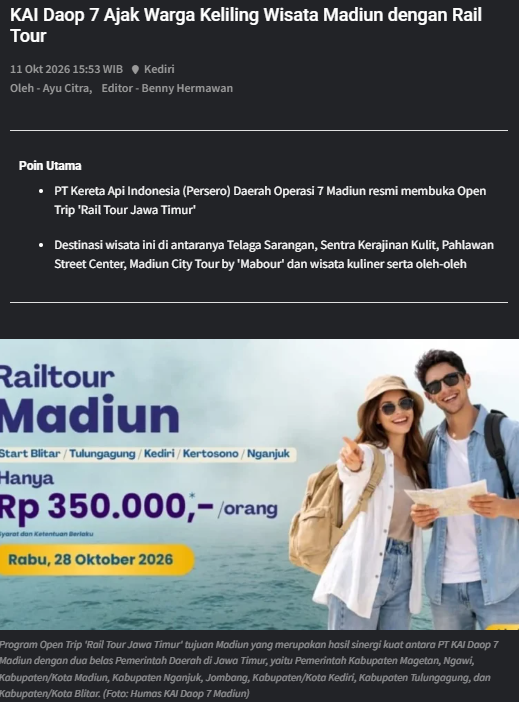 KAI Daop 7 Ajak Warga Keliling Wisata Madiun dengan Rail Tour