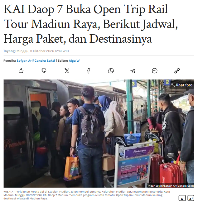 KAI Daop 7 Buka Open Trip Rail Tour Madiun Raya, Berikut Jadwal, Harga Paket, dan Destinasinya