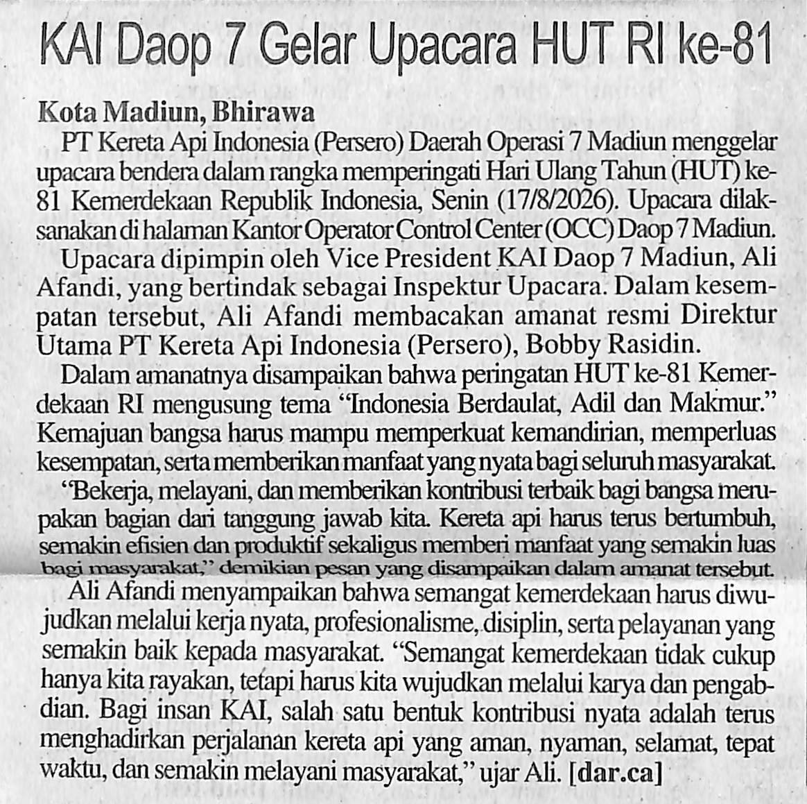 ΚΑΙ Daop 7 Gelar Upacara HUT RI ke-81