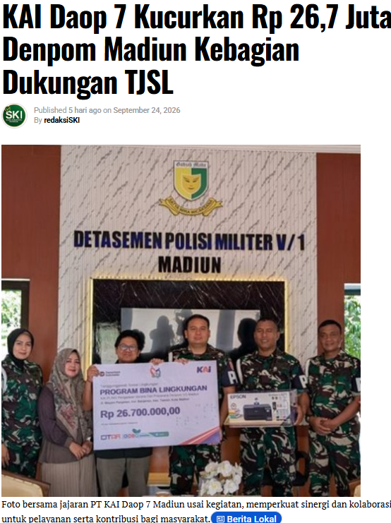 KAI Daop 7 Kucurkan Rp 26,7 Juta, Denpom Madiun Kebagian Dukungan TJSL
