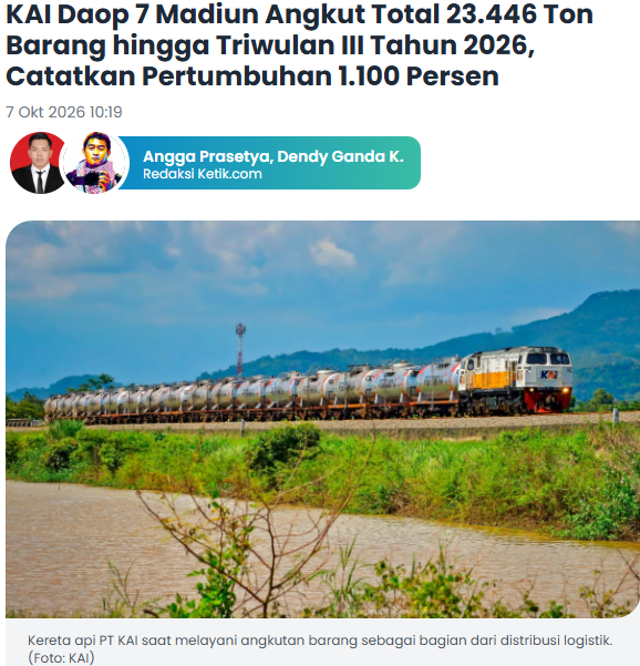 KAI Daop 7 Madiun Angkut Total 23.446 Ton Barang hingga Triwulan III Tahun 2026, Catatkan Pertumbuhan 1.100 Persen
