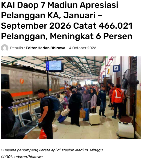 KAI Daop 7 Madiun Apresiasi Pelanggan KA, Januari - September 2026 Catat 466.021 Pelanggan, Meningkat 6 Persen