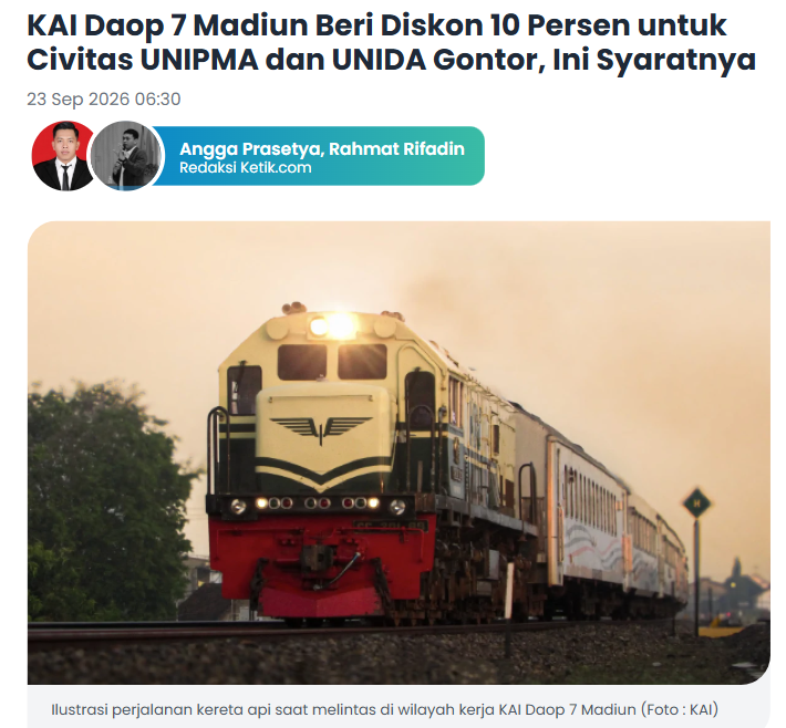 KAI Daop 7 Madiun Beri Diskon 10 Persen untuk Civitas UNIPMA dan UNIDA Gontor, Ini Syaratnya