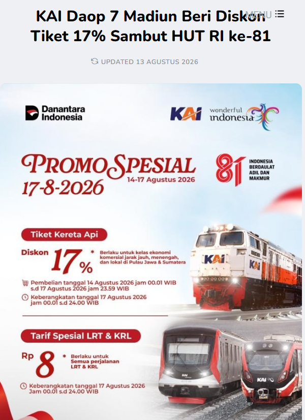 KAI Daop 7 Madiun Beri Diskon Tiket 17% Sambut HUT RI ke-81
