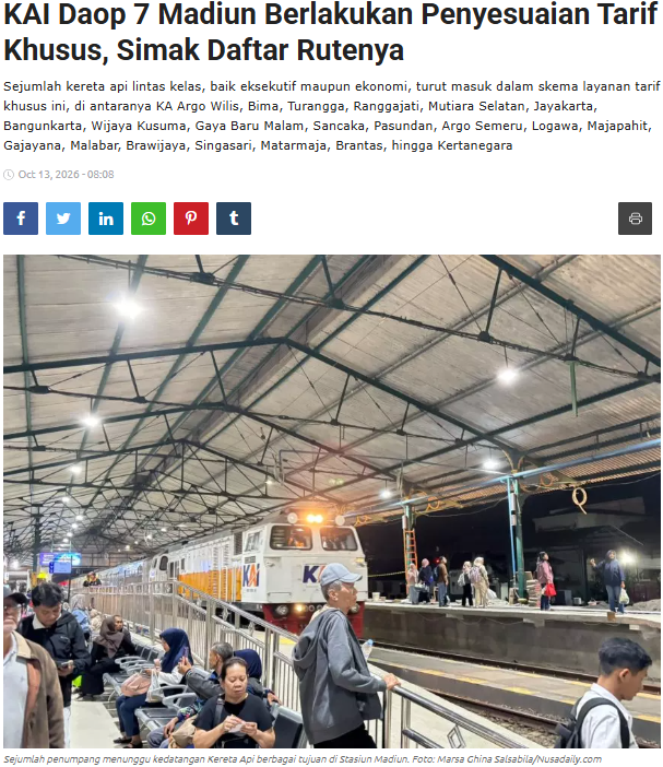 KAI Daop 7 Madiun Berlakukan Penyesuaian Tarif Khusus, Simak Daftar Rutenya