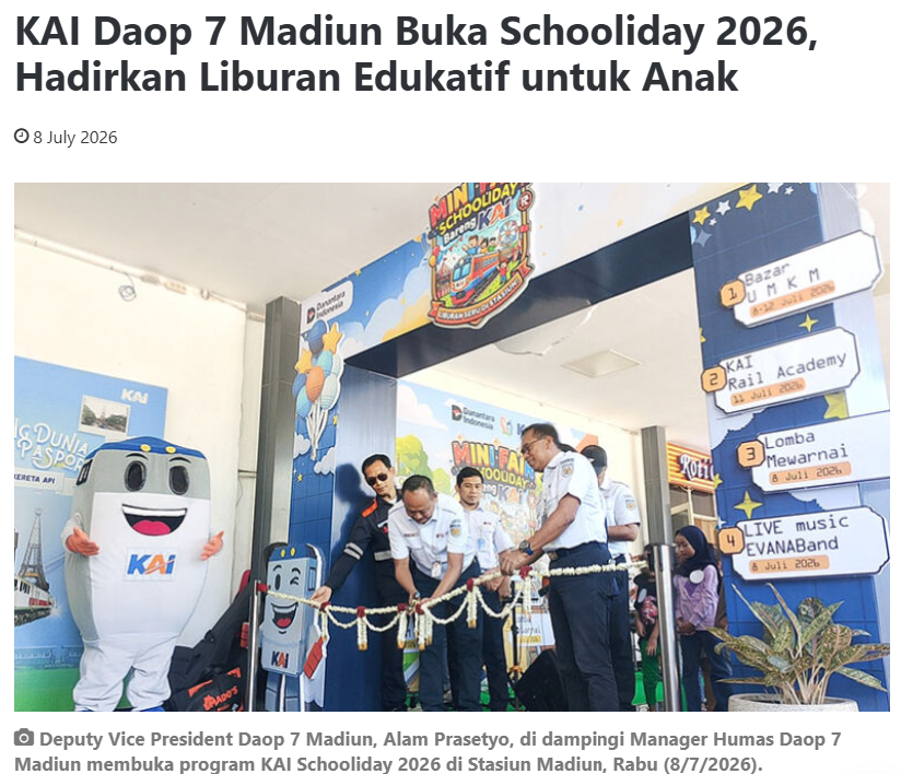 KAI Daop 7 Madiun Buka Schooliday 2026, Hadirkan Liburan Edukatif untuk Anak