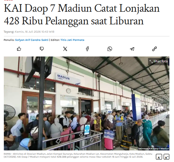 KAI Daop 7 Madiun Catat Lonjakan 428 Ribu Pelanggan saat Liburan