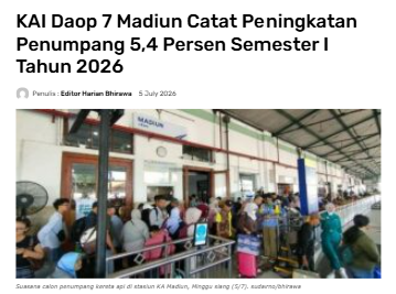 KAI Daop 7 Madiun Catat Peningkatan Penumpang 5,4 Persen Semester I Tahun 2026