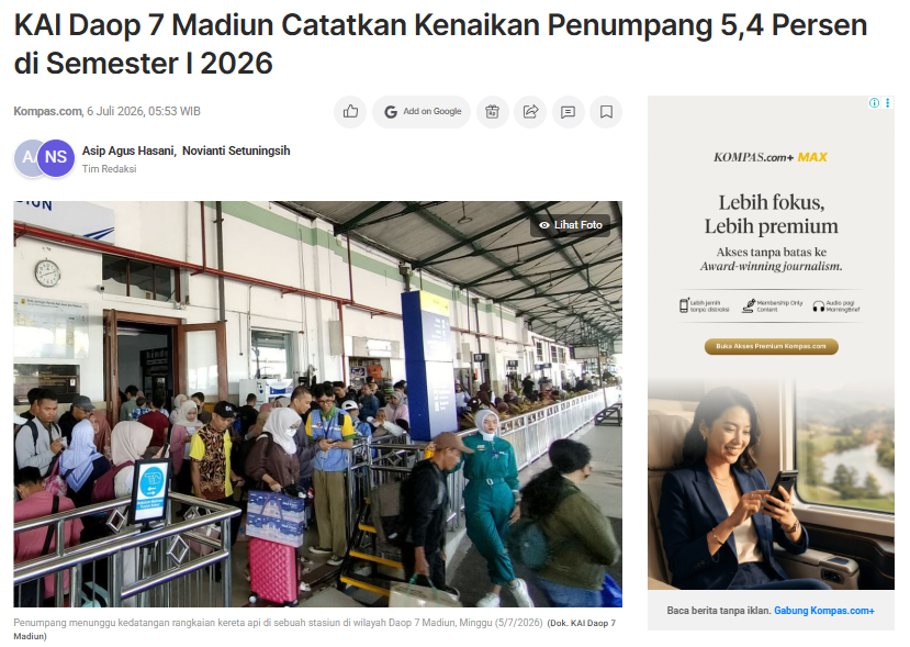 KAI Daop 7 Madiun Catatkan Kenaikan Penumpang 5,4 Persen di Semester I 2026