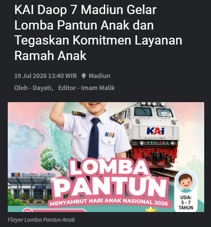 KAI Daop 7 Madiun Gelar Lomba Pantun Anak dan Tegaskan Komitmen Layanan Ramah Anak