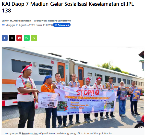 KAI Daop 7 Madiun Gelar Sosialisasi Keselamatan di JPL 138