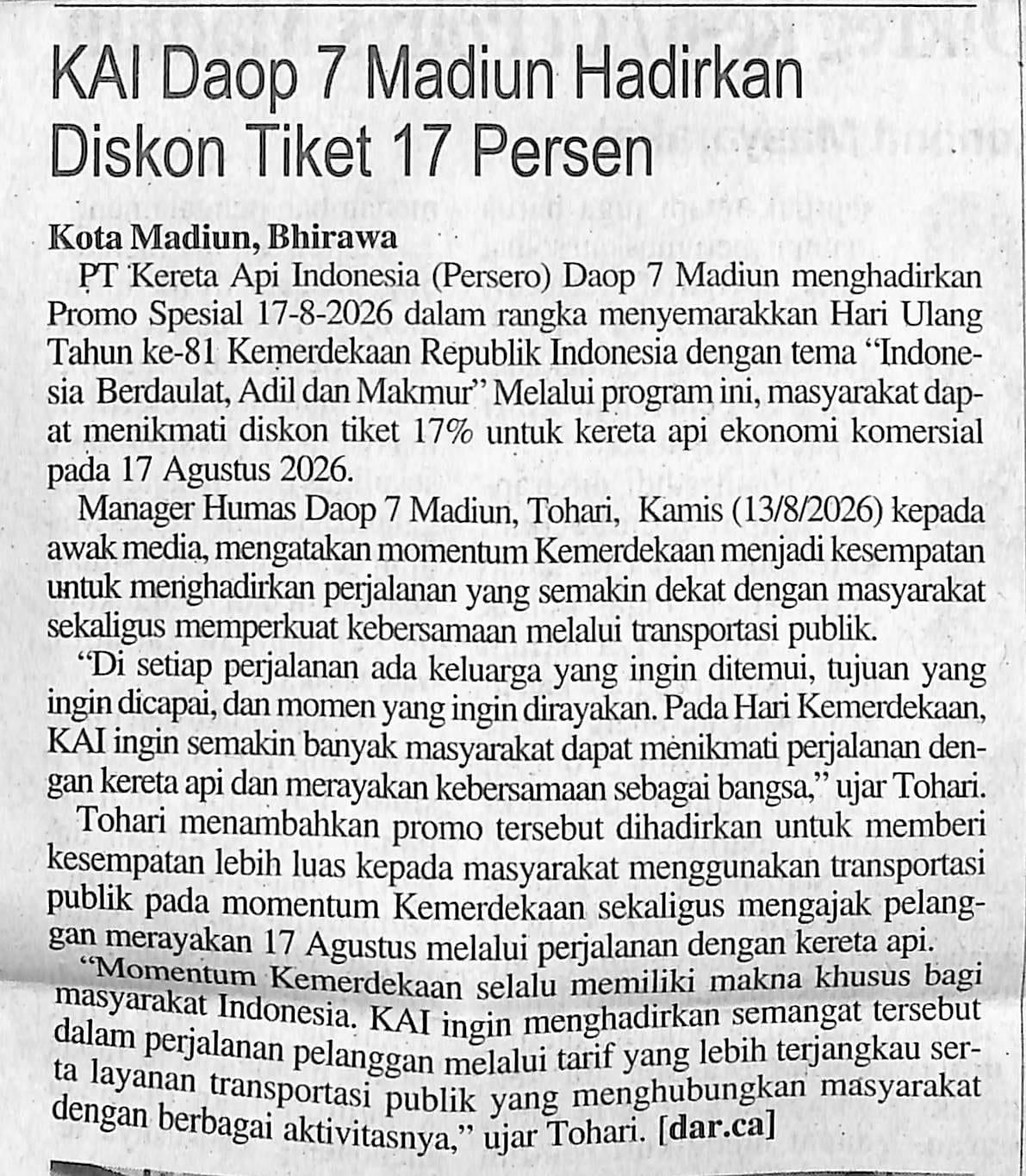 KAI Daop 7 Madiun Hadirkan Diskon Tiket 17 Persen