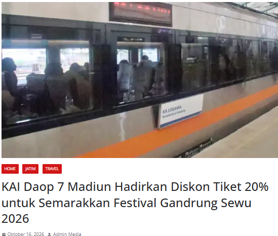 KAI Daop 7 Madiun Hadirkan Diskon Tiket 20% untuk Semarakkan Festival Gandrung Sewu 2026