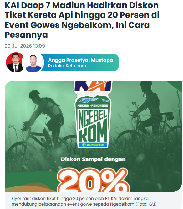 KAI Daop 7 Madiun Hadirkan Diskon Tiket Kereta Api hingga 20 Persen di Event Gowes Ngebelkom, Ini Cara Pesannya