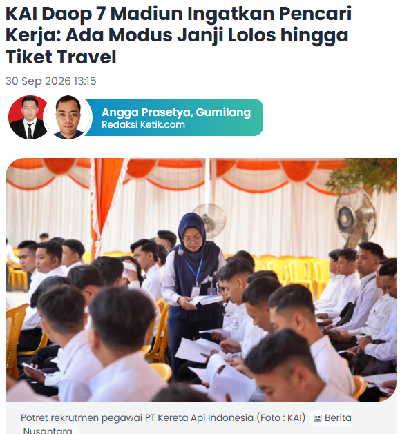 KAI Daop 7 Madiun Ingatkan Pencari Kerja: Ada Modus Janji Lolos hingga Tiket Travel