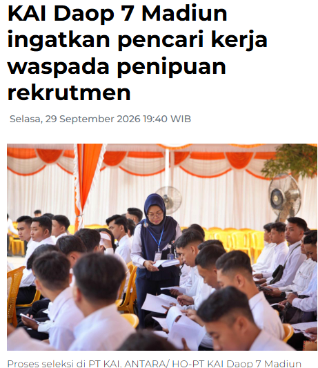 KAI Daop 7 Madiun ingatkan pencari kerja waspada penipuan rekrutmen