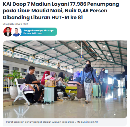 KAI Daop 7 Madiun Layani 77.986 Penumpang pada Libur Maulid Nabi, Naik 0,46 Persen Dibanding Liburan HUT-RI ke 81