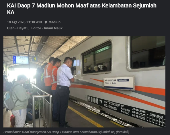 KAI Daop 7 Madiun Mohon Maaf atas Kelambatan Sejumlah KA