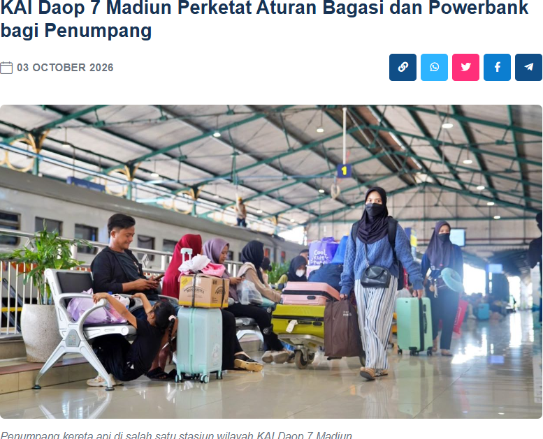 KAI Daop 7 Madiun Perketat Aturan Bagasi dan Powerbank bagi Penumpang