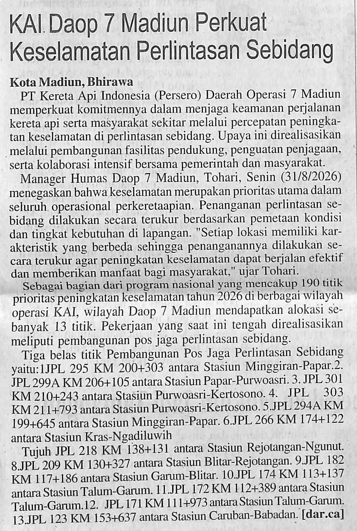 KAI Daop 7 Madiun Perkuat Keselamatan Perlintasan Sebidang