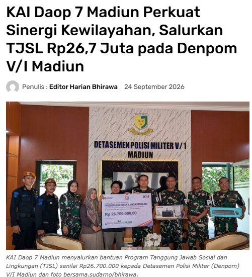 KAI Daop 7 Madiun Perkuat Sinergi Kewilayahan, Salurkan TOSL Rp26,7 Outa pada Denpom V/I Madiun