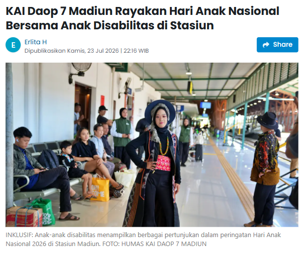 KAI Daop 7 Madiun Rayakan Hari Anak Nasional Bersama Anak Disabilitas di Stasiun