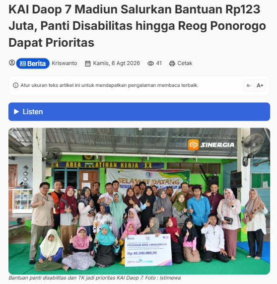 KAI Daop 7 Madiun Salurkan Bantuan Rp123 Juta, Panti Disabilitas hingga Reog Ponorogo Dapat Prioritas