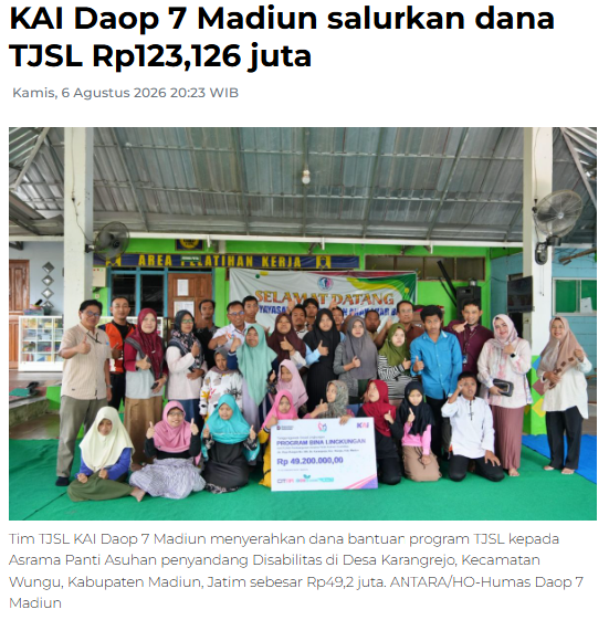 KAI Daop 7 Madiun salurkan dana TJSL Rp123,126 juta