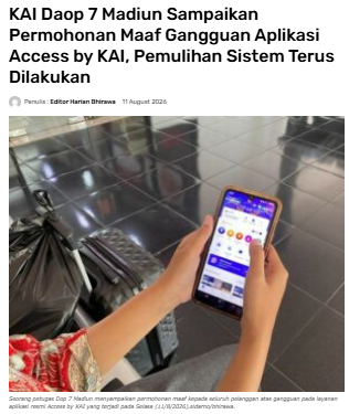 KAI Daop 7 Madiun Sampaikan Permohonan Maaf Gangguan Aplikasi Access by KAI, Pemulihan Sistem Terus Dilakukan